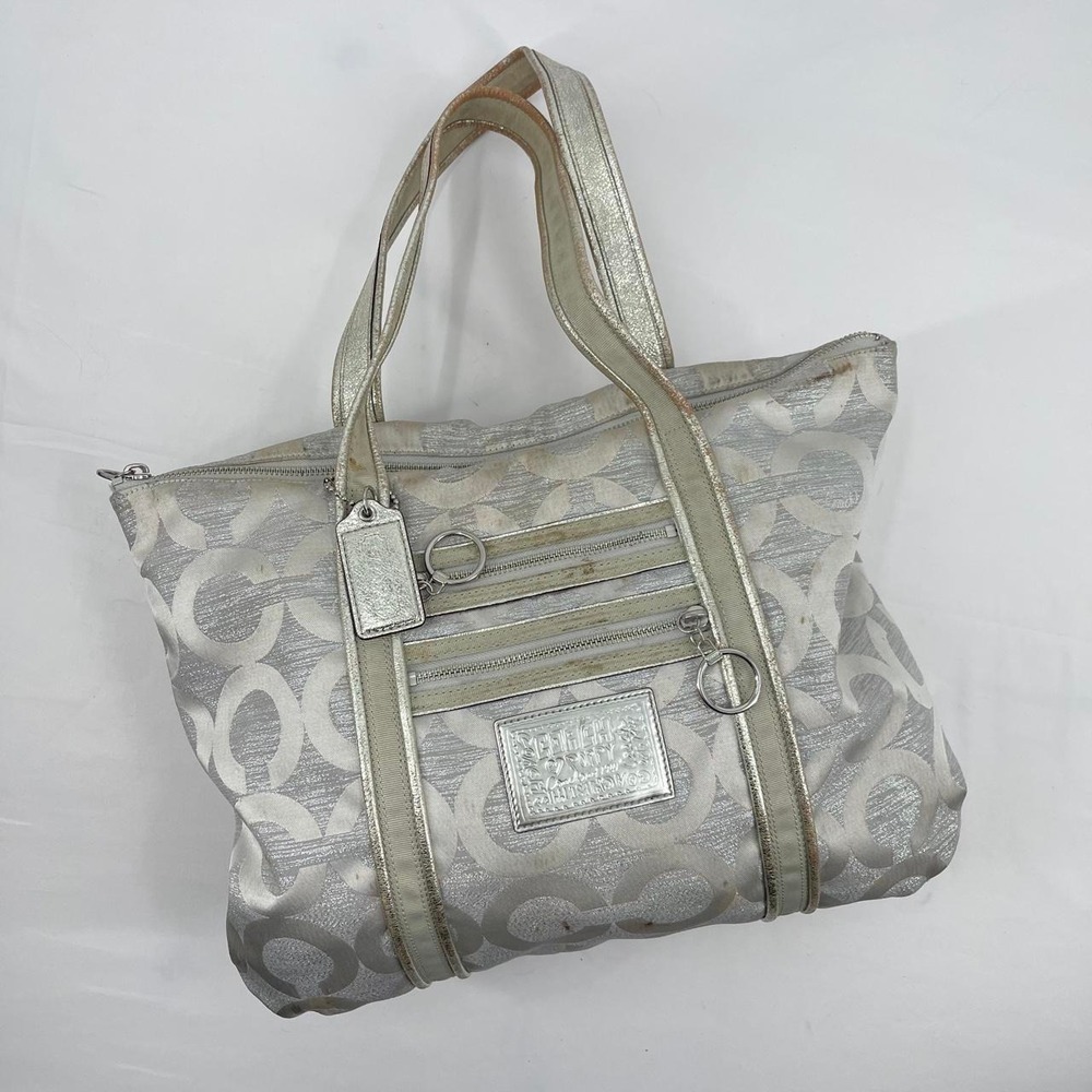 Vintage Y2K Coach Purse Signature Poppy Tote Large Canvas Leather Silver Gray